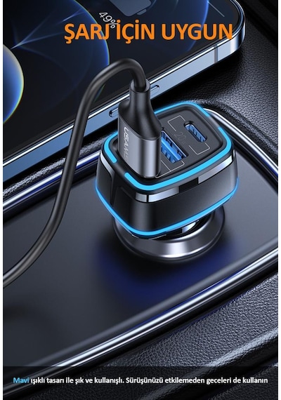 Usams US-CC126 PD Type-C + 2XUSB-A 80W Çakmaklık Hızlı Şarj Cihazı