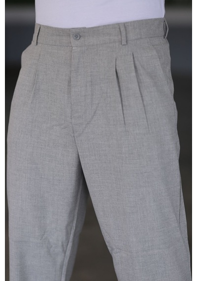 Bürke Baggy Çift Pileli Gri Renk Beli Lastikli Kaliteli Rahat Kesim Klasik Bol Paça Baggy Pantolon