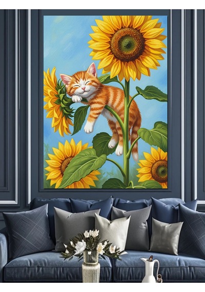 Ahşap Tablo Ayçiçeği Üzerinde Kedi Resmi