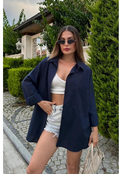 Rouge Basıc Oversize Keten Dokulu %100 Pamuk Salaş Gömlek Lacivert