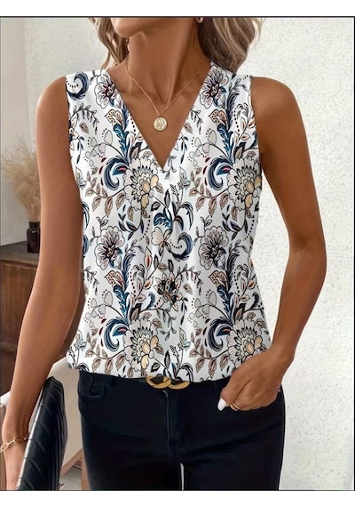 Efnaz Style Kadın Askılı V Yakalı Desenli Süprem Bluz Beyaz