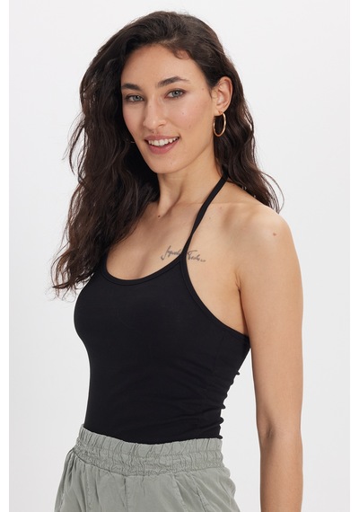 Tudors Kadın Slim Fit Dar Kesim Pamuklu Halter Yaka İnce Bağcıklı Siyah Crop-50717