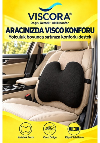 Araba Sırt Minderi Ofis Koltuğu Ve Ev İçin Visco Kelebek Klipsli Bel Destek Yastığı Siyah