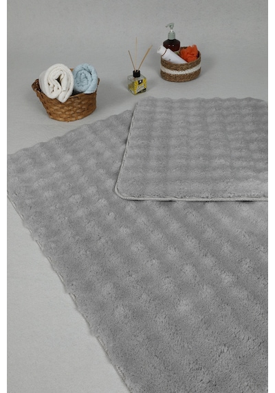 Modern Bubble Yıkanabilir Kaymaz Peluş Banyo Paspası Halısı 2'li Klozet Takımı 50x80-50x40cm Gri