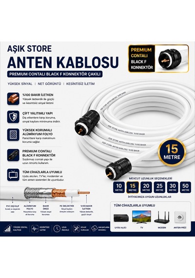 15 Metre Premium Anten Kablosu %100 Bakır İç İletken Contalı Black F Konnektör Çakılı Koaksiyel Tv Uydu Kablosu