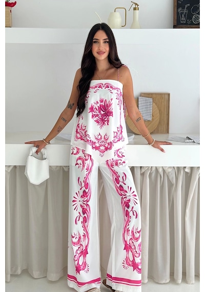 Asprin Fashion İthal Jessica Kumaş Desenli İkili Takım Pembe Pembe