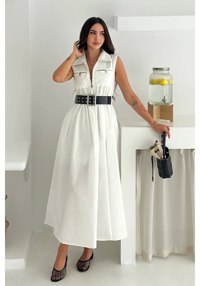 Asprin Fashion Paraşüt Kumaş Kemerli Elbise Beyaz Beyaz