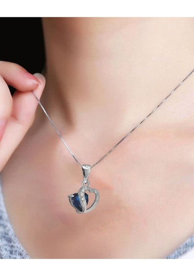 Brezza Lusso Jewelry Diamond Serisi Safir Taşı Kalp Gümüş Kadın Kolye 45 CM 45 CM