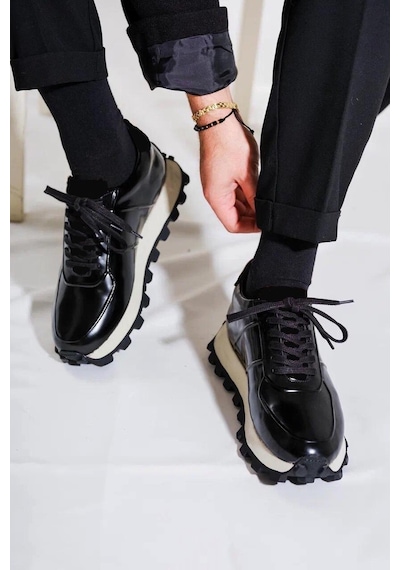 Shoetyle - Siyah Hakiki Açma Deri Bağcıklı Erkek Sneaker 115-k556-1320 Siyah