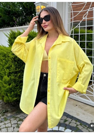 Rouge Basıc Oversize Keten Dokulu %100 Pamuk Salaş Gömlek Sarı