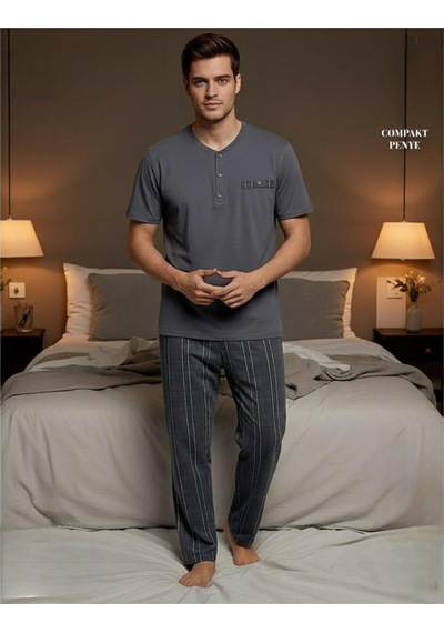 Arcan Erkek Düğme Yaka Kısa Kol Compact Penye Pijama Takımı 65130f - 1 Adet Füme