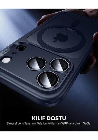 İphone 17 Pro / 17 Pro Max İle Uyumlu Safir Lens Koruyucu Ultra Dayanıklı Kolay Kurulum Aparatlı Parmak İzi Bırakmayan Yansıma Önleyici Kamera Lensi Koruma Koyu Mavi