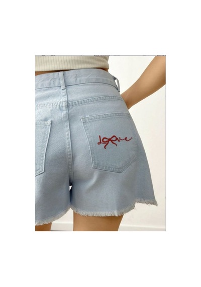 Kene Jeans Paça Püskül Yan Yırtmaç Arka Cep Nakışlı Buz Mavi Kot Şort Mavi