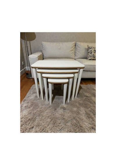Ant Home Sahra 4 Lü Zigon Sehpa Seti Komple Lake Boyalı Gold Detaylı Modern Yan Sehpa Ekru