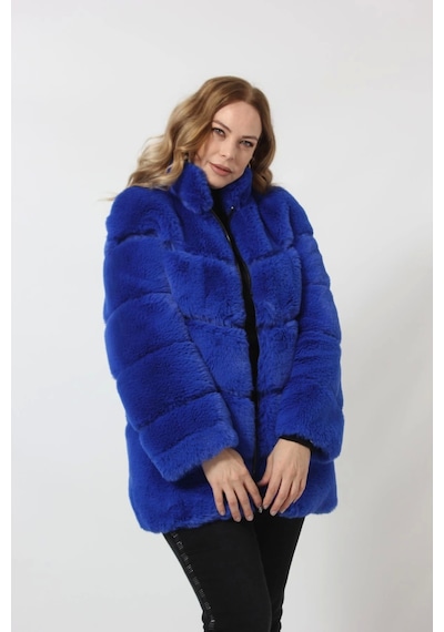Moda Berray 3258 Kadın Fermuarlı Dık Yakalı Lüks Suni Kürk Kaban Saks
