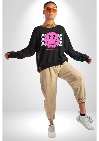 Positive Enerji Emoji Gülen Surat Unisex Siyah Sweatshirt Siyah