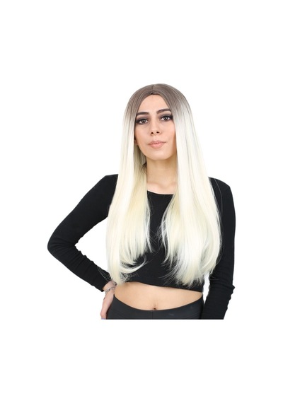 Fiber Sentetik Uzun Düz Peruk - Küllü Açık Kahve / Platin Ombreli