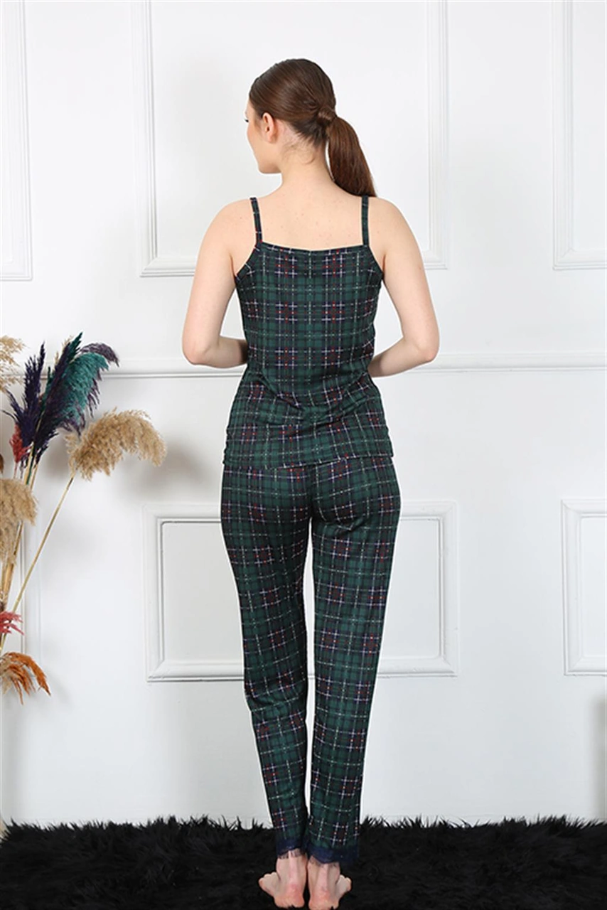 Akbeniz Kadın İp Askılı Yeşil Ekoseli Pijama Takım 4135 Yeşil