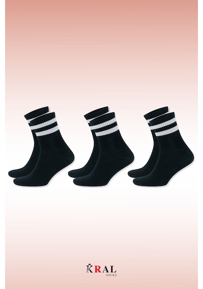 Kral Socks Erkek Kadın 3 Çift Çizgili Kolej Tenis Çorabı Pamuklu Terletmez Çorap Siyah