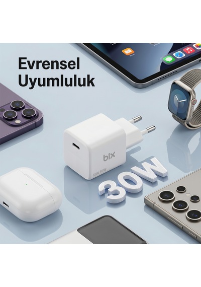 Bix Bx1p32g Gan Teknolojili Apple iPhone & Android Uyumlu 30w Type-c Pd Hızlı Şarj Cihazı Beyaz
