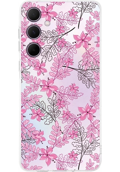 Samsung Galaxy A36 İle Uyumlu Kamera Korumalı Floral Pembe Tasarımlı Şeffaf Silikon Kılıf
