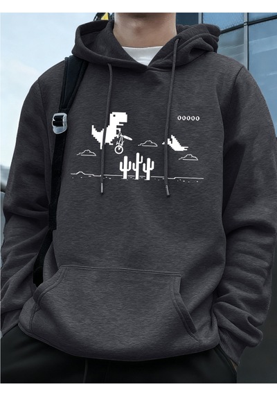 Startmore Startmoredinozorlar Kaktüs Üzerinde Baskılı Erkek Kapüşonlu Üstü Sonbahar Cepli Sweatshirt Temel Polar Antrasit
