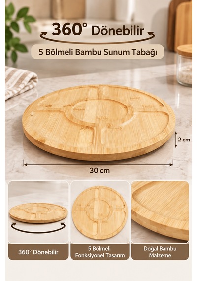 360 Döner 5 Bölmeli Bambu Sunum Tabağı 30 Cm Çerez Ve Kahvaltılık Servis Tabağı Bej