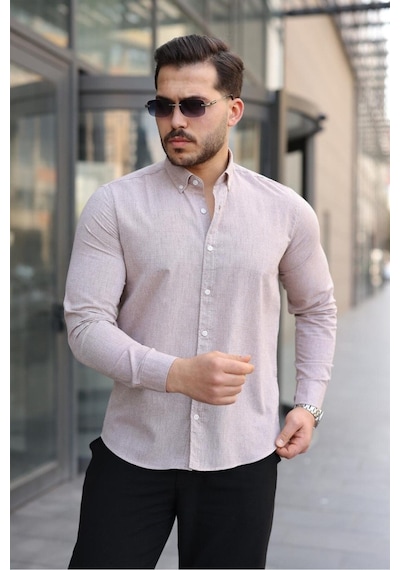 Baselco Premum Dik Yakalı Slim Fit Keten Görünümlü Gömlek Bej