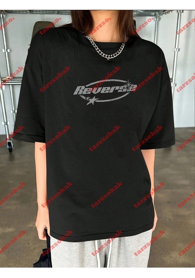 Startmore Unisex Reverse Baskılı Tshirt Siyah Siyah