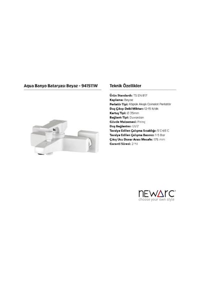 Newarc Aqua Banyo Bataryası Beyaz 941511W Beyaz