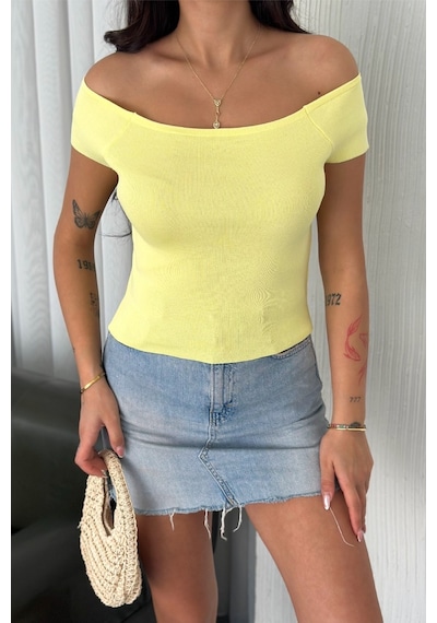 Femelle Kadın Sarı Standart Beden Triko Crop Bluz
