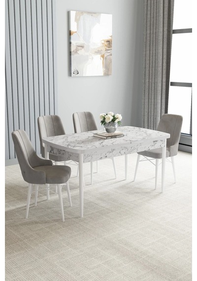 Familieconcept Zümra Serisi, Beyaz Mermer Desen 80x132 Açılabilir Mdf Mutfak Masası Takımı 4 Adet Sandalye Gri Familieconcept Zümra Serisi, Beyaz Mermer Desen 80x132 Açılabilir Mdf Mutfak Masası Takımı 4 Adet Sandalye Gri