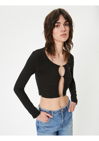Koton Crop Hırka Bisiklet Yaka Metal Aksesuarlı Siyah 4sak80266ek Siyah