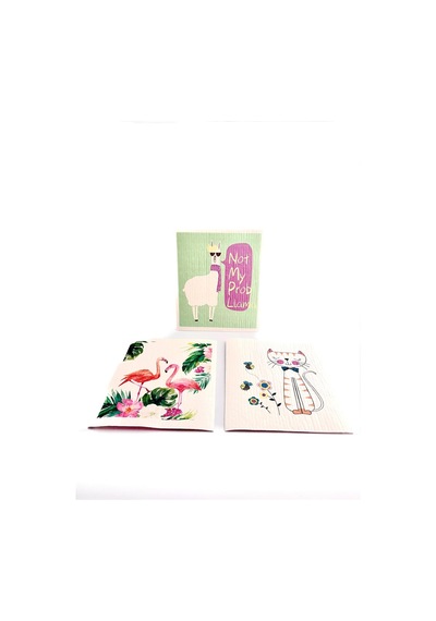 Swedish Dishcloth İsveç Bezi Flamingo-lama-kedi Desenleri 3'lü Paket, Sürdürülebilir, Tekrar Ku Çok Renkli