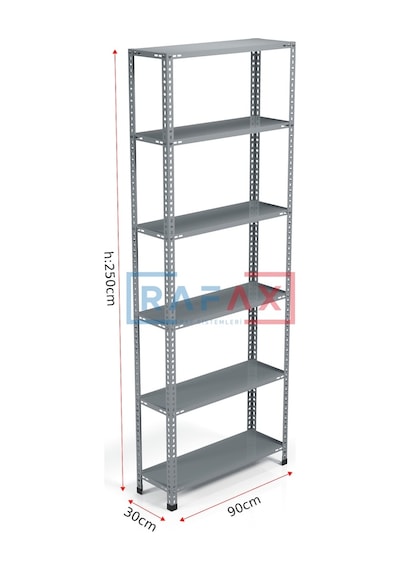 Rafax, 30x90xH:250, 6 Raflı Çelik Raf, Depo Rafı, Arşiv Rafı Gri