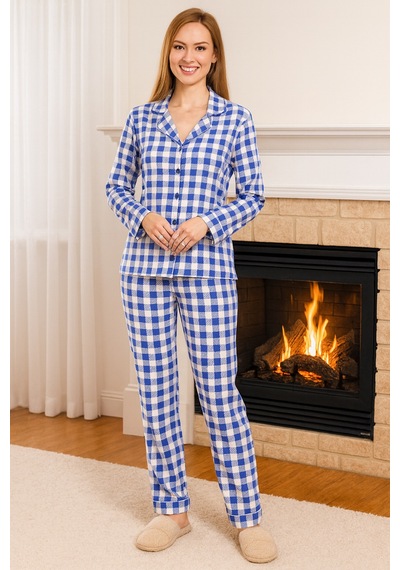 Remsa Kadın Ekose Desen Suprem Önü Düğmeli Pijama Takımı 0470 Mavi03 Mavi03