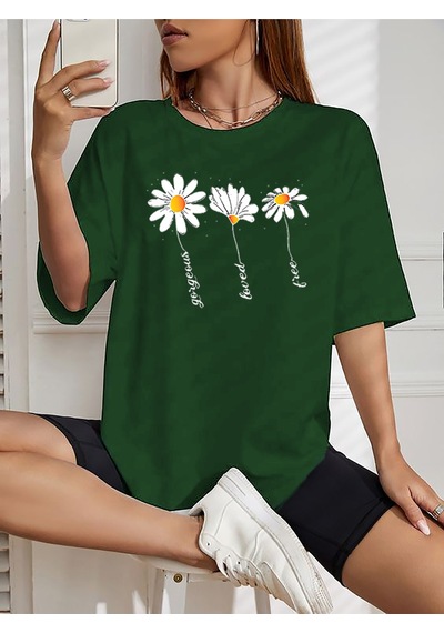 Papatyalar Baskılı T-shirt - Baskılı Oversize Bisiklet Yaka Kısa Kol Tişört Yeşil