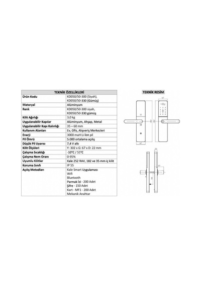 Kale Kd050/50-300 Kale Parmak İzli Ve Elektronik Şifreli Akıllı Kilit