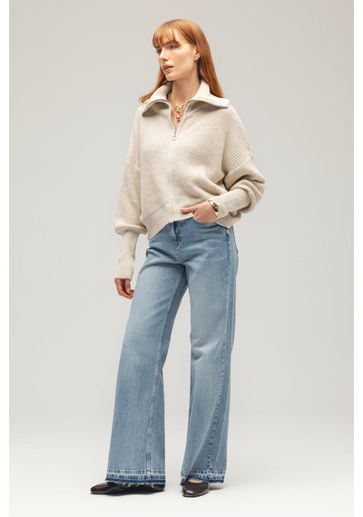 Sââde Kadın Yüksek Bel Wide Leg Jean Pantolon - Paça Detaylı Açık Mavi