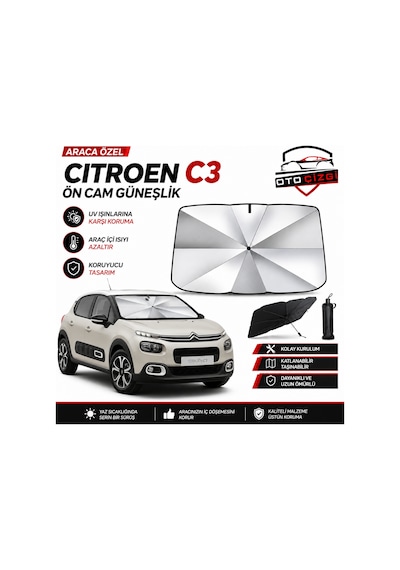 Citroen C3 Şemsiye Tip Ön Cam Güneşliği Katlanabilir Uv Korumalı Araç Cam Güneşlik