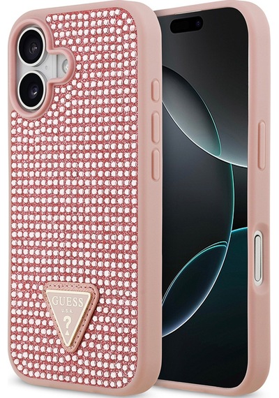 Apple Uyumlu iPhone 17 Kılıf Guess Lisanslı Taşlı Arka Yüzey Üçgen Logolu Kapak Pembe