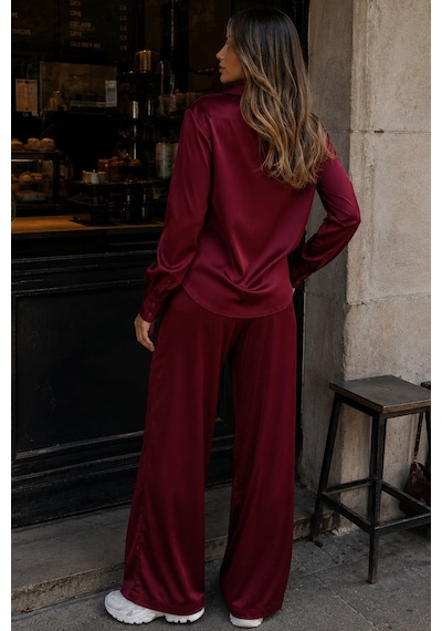 Madmext Bordo Saten Gömlek Pantolon Takım Mg2745