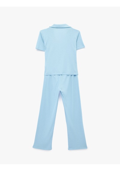 Koton Rahat Kalıp Gömlek Yaka Fitilli Pijama Takımı Mavi 6slk40088mk