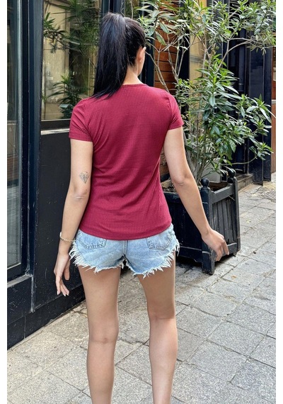 Kadın Bordo Kısa Kol, Fermuar Yaka Detaylı, Fitilli Terletmez Kumaş, Rahat Bluz, Tshirt Bordo