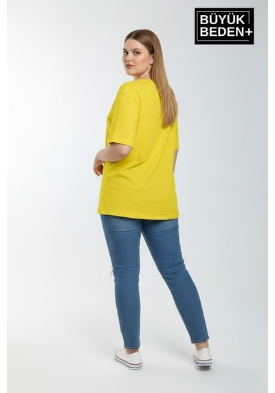 Superlife Kadın Büyük Beden Ar Baskılı 3xl-6xl Bisiklet Yaka Tshırt Spr26btsk510-1 Sarı