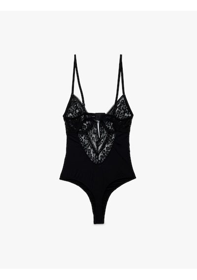 Koton V Yaka İnce Askılı Transparan Dantelli Bodysuit Siyah 6wlk00002mk Siyah