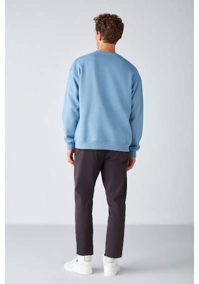 Grimelange Stephan Erkek Yumuşacık Kışlık Kumaşlı 3 Iplik Organik Pamuk Örme Oversize Mavi Sweatshirt