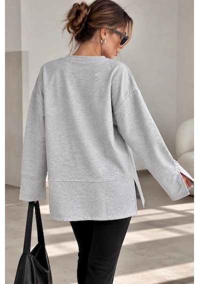 Bb Butik Basic Oversize Yırtmaç Detaylı Bisiklet Yaka Sweatshirt Zg3535 Gri