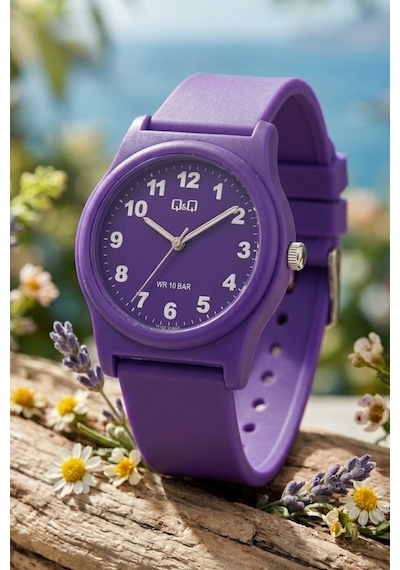 Q&q Qcg2226 Mor Bold Rakamlı Silikon Kordonlu 38 Mm Su Geçirmez Unisex Kol Saati