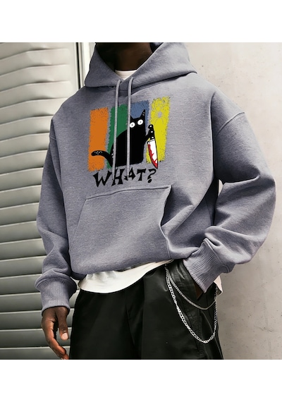 Startmore Doubtful Cat Handing Knife Prints Casual Warm Hoody Men Trendy Loose Sweatshirts Basic Simple Gri